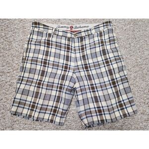 Tommy Bahama Paradise Nation  Flat Front Linen Silk Shorts Men 38x10 Tan Plaid